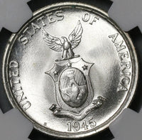 1945-S NGC MS 65 Philippines Silver 50 Centavos GEM BU WWII Coin (21022602C)