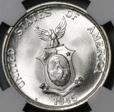 1945-S NGC MS 65 Philippines Silver 50 Centavos GEM BU WWII Coin (21022602C)