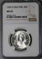 1945-S NGC MS 65 Philippines Silver 50 Centavos GEM BU WWII Coin (21022602C)