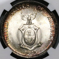 1945-S NGC MS 66+ Philippines Silver 50 Centavos GEM WWII USA Coin (23011901D)