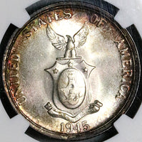 1945-S NGC MS 66+ Philippines Silver 50 Centavos GEM WWII USA Coin (23011901D)