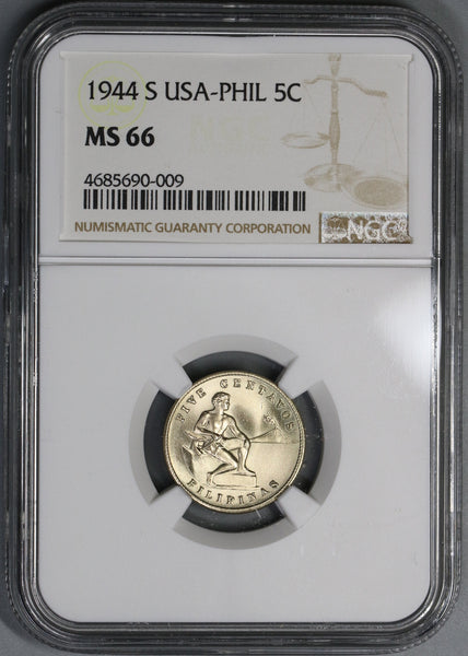 1944-S NGC MS 66 Philippines 5 Centavos US Administration Coin POP