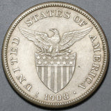 1908-S Philippines Peso AU USA San Francisco Mint Silver Coin (19112303R)