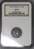 1854 NGC AU 55 Portugual 100 Reis Pedro V One Year Type Silver Coin (18122805C)