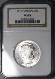 1916 NGC MS 65 Portugal 50 Centavos Liberty Head Gem BU Silver Coin (22120401C)