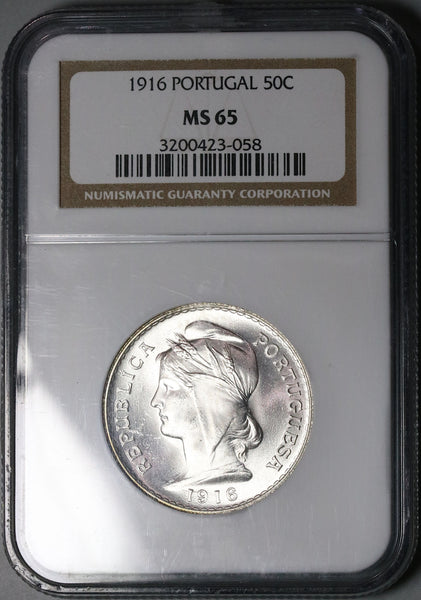 1916 NGC MS 65 Portugal 50 Centavos Liberty Head Gem BU Silver