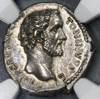 138 NGC AU Antoninus Pius Roman Empire Denarius Fine Style Minerva (19060904C)