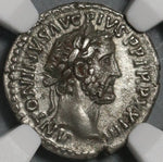 160 NGC AU Antoninus Pius Roman Empire Denarius Roma Victory Last Year (21012103C)