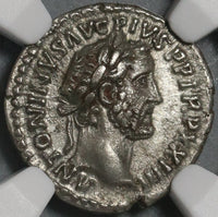 160 NGC AU Antoninus Pius Roman Empire Denarius Roma Victory Last Year (21012103C)