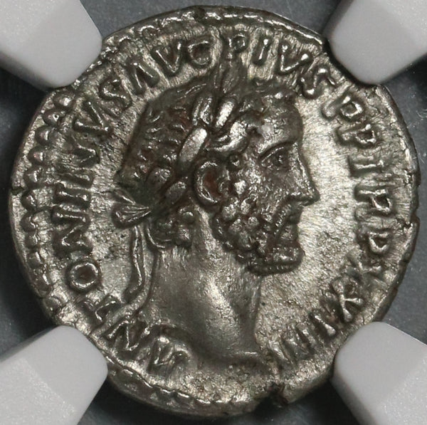 160 NGC AU Antoninus Pius Roman Empire Denarius Roma Victory Last Year (21012103C)