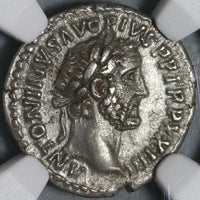 160 NGC AU Antoninus Pius Roman Empire Denarius Roma Victory Last Year (21012103C)
