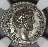 160 NGC AU Antoninus Pius Roman Empire Denarius Roma Victory Last Year (21012103C)