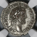 160 NGC AU Antoninus Pius Roman Empire Denarius Roma Victory Last Year (21012103C)