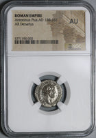 160 NGC AU Antoninus Pius Roman Empire Denarius Roma Victory Last Year (21012103C)