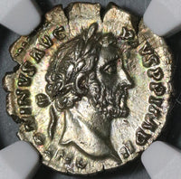 156 NGC AU Antoninus Pius Roman Empire Denarius Salus Snake Silver (20071502C)