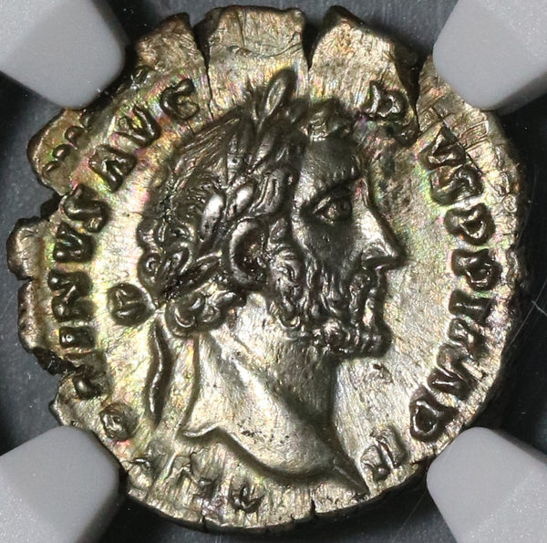 156 NGC AU Antoninus Pius Roman Empire Denarius Salus Snake Silver (20071502C)