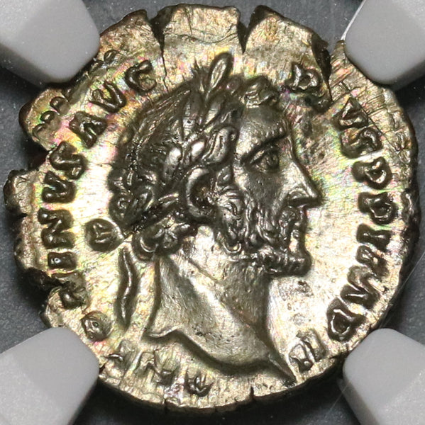156 NGC AU Antoninus Pius Roman Empire Denarius Salus Snake Altar (20071502C)