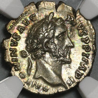 156 NGC AU Antoninus Pius Roman Empire Denarius Salus Snake Silver (20071502C)