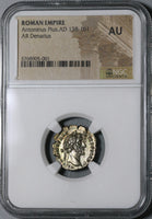 156 NGC AU Antoninus Pius Roman Empire Denarius Salus Snake Silver (20071502C)