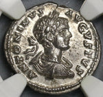 201 NGC Ch AU Caracalla Roman Empire Denarius Parthia War Laodicea Mint Commemorative with Pedigree (19040802C)