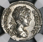 202 NGC Ch XF Caracalla Roman Empire Denarius Parthia War Trophy Captives Commemorative (22031102C)