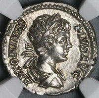 202 NGC Ch XF Caracalla Roman Empire Denarius Parthia War Trophy Captives Commemorative (22031102C)