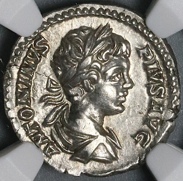202 NGC Ch XF Caracalla Roman Empire Denarius Parthia War Trophy Captives Commemorative (22031102C)