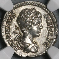 202 NGC Ch XF Caracalla Roman Empire Denarius Parthia War Trophy Captives Commemorative (22031102C)