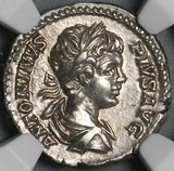 202 NGC Ch XF Caracalla Roman Empire Denarius Parthia War Trophy Captives Commemorative (22031102C)