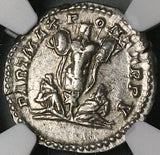 202 NGC Ch XF Caracalla Roman Empire Denarius Parthia War Trophy Captives Commemorative (22031102C)