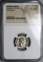 202 NGC Ch XF Caracalla Roman Empire Denarius Parthia War Trophy Captives Commemorative (22031102C)