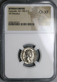 202 NGC Ch XF Caracalla Roman Empire Denarius Parthia War Trophy Captives Commemorative (22031102C)