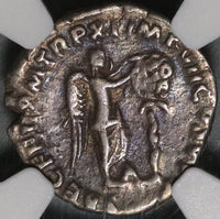 185 NGC Ch F Commodus Roman Empire Denarius Commemorative Victory Inscribing VODE (20050103C)