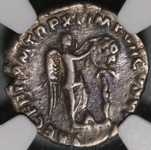 185 NGC Ch F Commodus Roman Empire Denarius Commemorative Victory Inscribing VODE (20050103C)