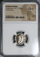 185 NGC Ch F Commodus Roman Empire Denarius Commemorative Victory Inscribing VODE (20050103C)