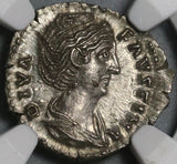 138 NGC Ch AU Faustina Sr Roman Empire Denarius Aeternitas Providentia (20050802C)