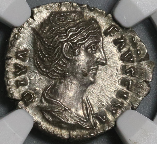 138 NGC Ch AU Faustina Sr Roman Empire Denarius Aeternitas Providentia (20050802C)