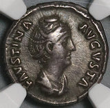 138 NGC Ch VF Faustina Sr Roman Empire Denarius Juno Peacock Lifetime (22031301C)