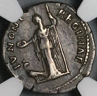 138 NGC Ch VF Faustina Sr Roman Empire Denarius Juno Peacock Lifetime (22031301C)