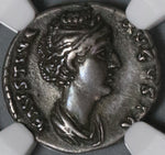 138 NGC XF Faustina Sr Roman Empire Denarius Thone Peacock Scarce Lifetime Type (21012104C)