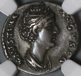 138 NGC XF Faustina Sr Roman Empire Denarius Thone Peacock Scarce Lifetime Type (21012104C)