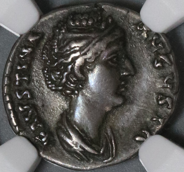 138 NGC XF Faustina Sr Roman Empire Denarius Thone Peacock Scarce Lifetime Type (21012104C)