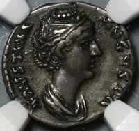 138 NGC XF Faustina Sr Roman Empire Denarius Thone Peacock Scarce Lifetime Type (21012104C)