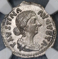 147 NGC MS Faustina Jr Roman Empire Denarius Juno Peacock Mint State (18120903C)
