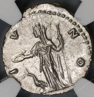 147 NGC MS Faustina Jr Roman Empire Denarius Juno Peacock Mint State (18120903C)