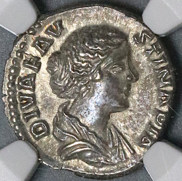 176 NGC Ch AU Faustina Jr Roman Empire Denarius Throne Peacock Consecratio (21092201C)