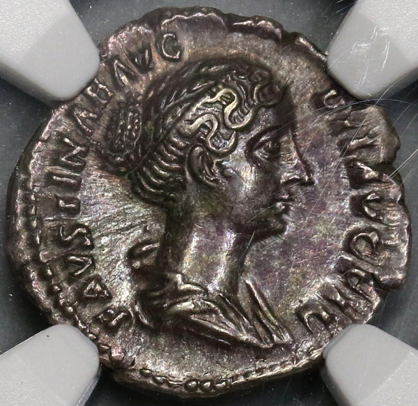 145 NGC AU Faustina Jr Roman Empire Denarius Venus Dolphin (19033103C)