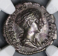 145 NGC AU Faustina Jr Roman Empire Denarius Venus Dolphin (19033103C)