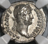134/8 NGC Ch XF Hadrian Roman Empire Denarius Minerva Shield 5/5 5/5 (20052806CZ)