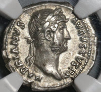 134/8 NGC Ch XF Hadrian Roman Empire Denarius Minerva Shield 5/5 5/5 (20052806CZ)